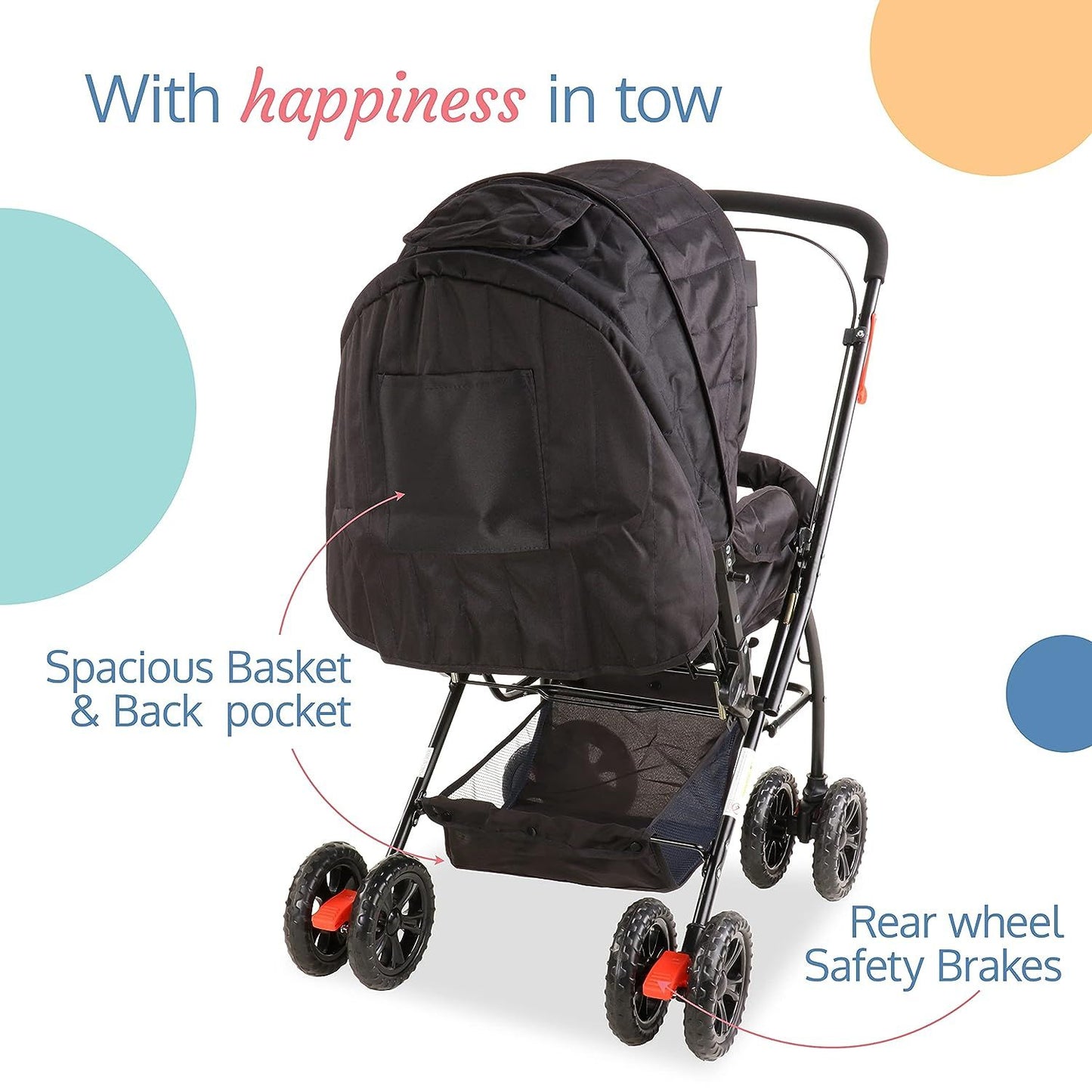 LuvLap  Baby  pramStroller for 0-3 Years: Lightweight, Adjustable Backrest, 360° Wheel, Spacious Storage, Reversible Handlebar I 18305 - Black