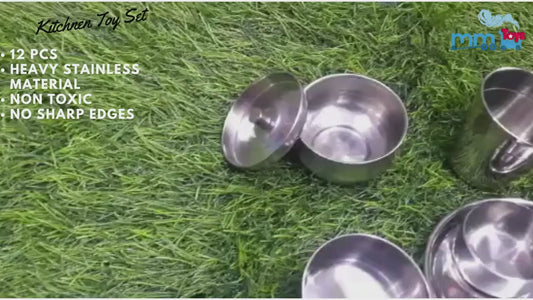 MM TOYS Premium Stainless Steel Mini Kitchen Play Set | 12 Pcs | Ideal for Kids Aged 3+ | Glasses, Pan, Plates, Bowls Included