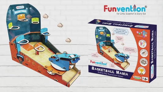 Funvention Basketball Mania STEM Game with 18 Wooden DIY Balls, Rotating Catapult Shooting Mechanism, DIY Stem Game Score Keeper for Kids Aged 6+