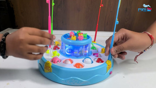 MM TOYS Go Go Fishing Catching Game with 26 Fishes, 2 Rotary Fish Pond and 4 pods with Music and Light Function Magnetic Toy (Multicolor)