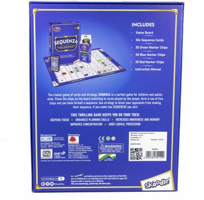 Skoodle Quest Sequenza Classic Card Strategy Game with Premium Virgin Kapa Board, High-Impact Plastic Poker Coins, and High GSM Cards 8+ Years