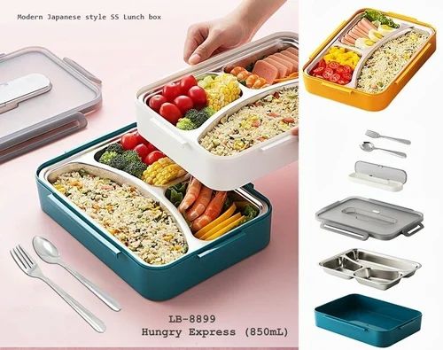 MM TOYS Lunch Box 3 Compartment Stainless Steel Inner 850 ML- Spill-Proof - Ideal for School and Office (LB-8899) -MultiColor